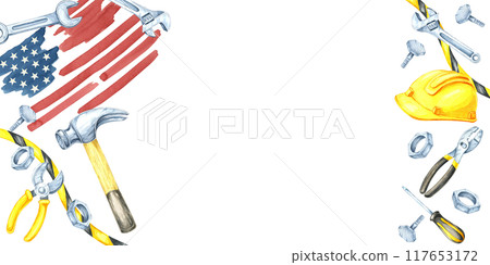 Labor Day watercolor banner with American flag, hammer, wrench, yellow safety helmet, and scattered tools in blue, yellow, and metallic. Clipart is ideal for adding text for web design and flyers Labor Day watercolor banner with American flag, hammer, wrench, yellow safety helmet, and scattered tools in blue, yellow, and metallic. Clipart is ideal for adding text for web design and flyers 117653172