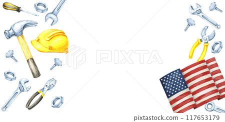 Labor Day watercolor banner with American flag with a hammer, yellow safety helmet, and a set of tools like screwdrivers and bolts. Clipart allows for text placement, perfect for promotions, flyers, 117653179