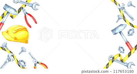 Labor Day watercolor banner features a yellow safety helmet, various tools including wrenches, hammers, and caution tape. Clipart with space for text for invitations and promotional content Labor Day watercolor banner features a yellow safety helmet, various tools including wrenches, hammers, and caution tape. Clipart with space for text for invitations and promotional content 117653180