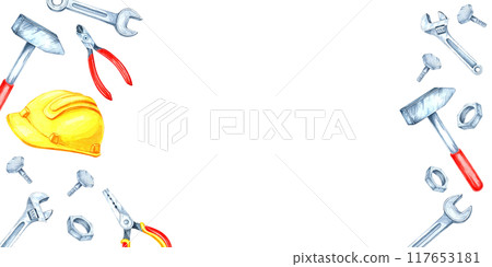 Labor Day watercolor banner showcases various tools like a wrench, hammer, and a yellow safety helmet in red and metallic colors. Clipart offers space for custom text, suitable for print materials Labor Day watercolor banner showcases various tools like a wrench, hammer, and a yellow safety helmet in red and metallic colors. Clipart offers space for custom text, suitable for print materials 117653181
