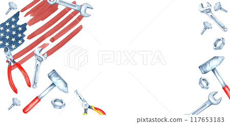 Labor Day banner with American flag and variety of tools including wrenches, pliers, and hammers scattered around it. Watercolor clipart ideal for use in flyers, social media and promotional designs Labor Day banner with American flag and variety of tools including wrenches, pliers, and hammers scattered around it. Watercolor clipart ideal for use in flyers, social media and promotional designs 117653183