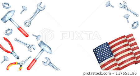 Labor Day banner with an American flag surrounded by tools including pliers, wrenches, hammers, and bolts in red and blue. Watercolor clipart with copy space, perfect for text overlays in event flyers Labor Day banner with an American flag surrounded by tools including pliers, wrenches, hammers, and bolts in red and blue. Watercolor clipart with copy space, perfect for text overlays in event flyers 117653186