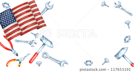 Labor Day banner with American flag, surrounded by various tools such as pliers, wrenches, and hammers in red, blue, and silver. Watercolor clipart with space for text for event invitations Labor Day banner with American flag, surrounded by various tools such as pliers, wrenches, and hammers in red, blue, and silver. Watercolor clipart with space for text for event invitations 117653191