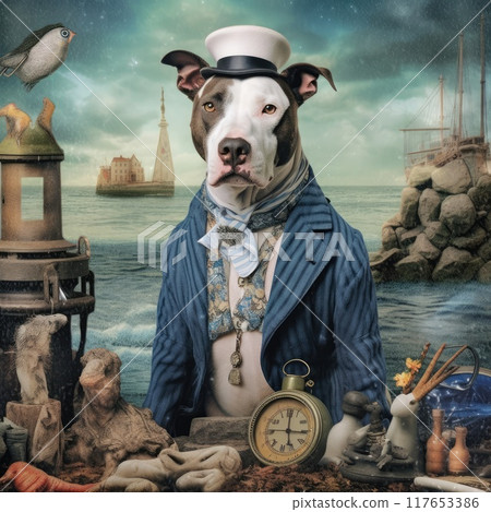Portrait of a dog dressed as a sailor. Collage. 117653386
