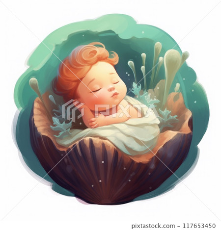 Illustration of a sleeping baby boy in a basket of seaweed 117653450