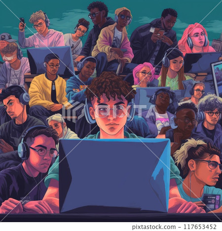 Group of people working at the computer, social network concept, illustration 117653452