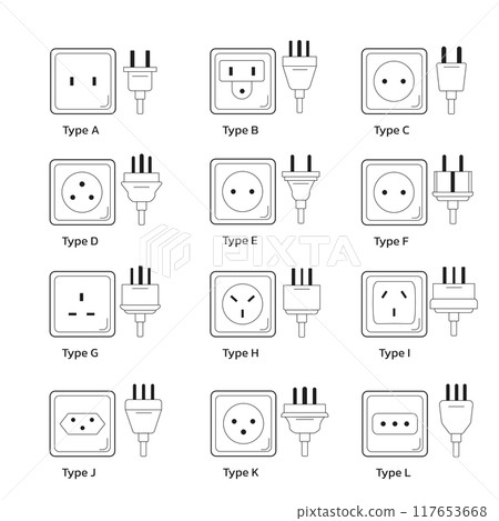 Illustration of electric outlets on a white background, featuring a diverse set of power sockets 117653668