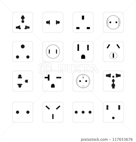 Set of electric outlets on a white background, featuring a diverse set of power sockets, Vector illustration 117653676