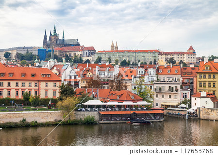 View of the Vltava Riverbank and Prague Castle. Panorama of Historic Prague, Czech Republic 117653768