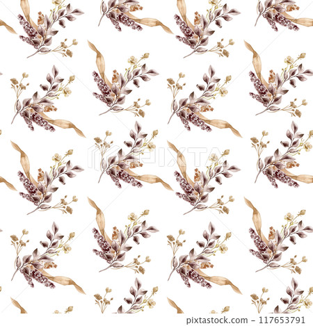 Monochrome dry herbs in sand tone hand drawn by watercolor seamless pattern. Design background with Abstract leaves on branch in maroon color. Design of textile, package, printed products 117653791