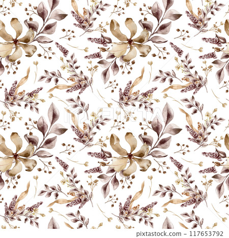 Monochrome flowers with branch maroon color watercolor seamless pattern isolated. Florals dark brown color hand drawn. Leaves in sepia tones. Design of event - related stationery, textile, packaging 117653792