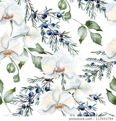 White orchids, juniper and leaves holly in pastel watercolor. Delicate floral seamless pattern isolated. Coniferous branch blue berry and flowers hand drawn for design textile. Greenery background White orchids, juniper and leaves holly in pastel watercolor. Delicate floral seamless pattern isolated. Coniferous branch blue berry and flowers hand drawn for design textile. Greenery background 117653794