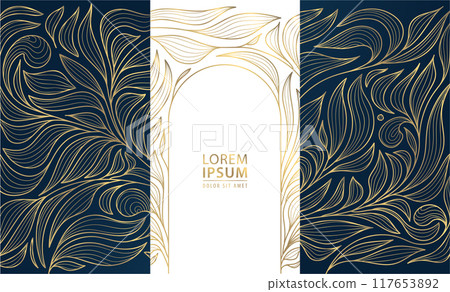 Vector set of art deco flourish leaves ornaments with arch. Vintage japanese luxury borders, frames, covers and labels. Nouveau wedding gold and black floral patterns Vector set of art deco flourish leaves ornaments with arch. Vintage japanese luxury borders, frames, covers and labels. Nouveau wedding gold and black floral patterns 117653892
