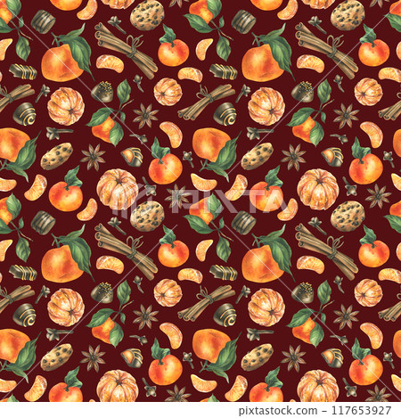 Orange whole and peeled tangerines with spice leaves, cookies and chocolates. Watercolor illustration, hand drawn. Seamless pattern on a burgundy background 117653927