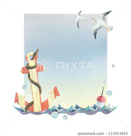 Wooden striped anchor with rope on sea waves with fishing float, bubbles and flying seagulls. Hand drawn watercolor illustration. Template, frame for text with blue background isolated. Wooden striped anchor with rope on sea waves with fishing float, bubbles and flying seagulls. Hand drawn watercolor illustration. Template, frame for text with blue background isolated. 117653935