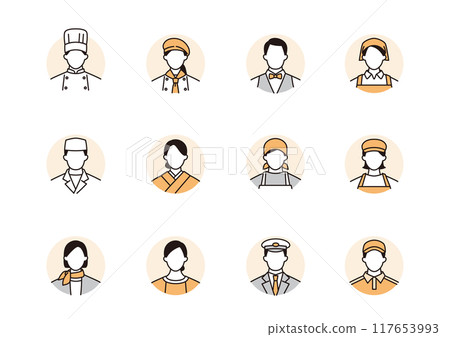 Icon set of people in the service industry, including chefs, store clerks, and drivers, circle background 117653993
