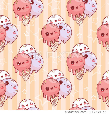 Seamless pattern with cute balls ice cream on striped yellow background with stars. Funny sweet dessert kawaii character. Vector illustration. 117654146