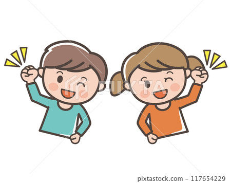 Illustration of upper body of boy and girl doing energetic fist pump (elementary school student, toddler, child) Illustration of upper body of boy and girl doing energetic fist pump (elementary school student, toddler, child) 117654229