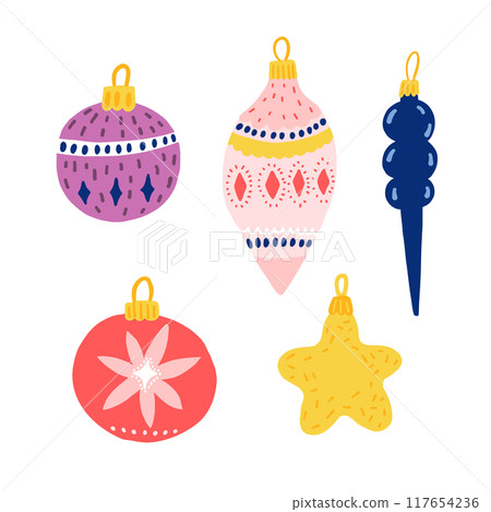 Vintage Christmas balls and baubles, festive decorations. Cute flat illustrations of decor isolated. Different shapes and patterns. 117654236