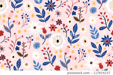 Floral nature pattern, pink paper background. Winter flowers graphics, dense texture for stationery, textile and gift wrapping, seamless backdrop 117654237