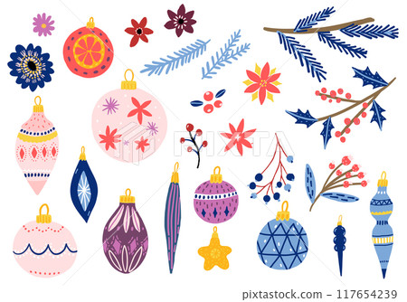 Christmas decorations set, flowers and leaf, different balls and decor for christmas tree, hand drawn illustrations set isolated on white Christmas decorations set, flowers and leaf, different balls and decor for christmas tree, hand drawn illustrations set isolated on white 117654239