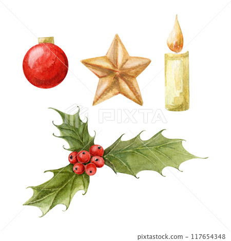 Watercolor set with red glass ball, gold star, burning candle, holly tree. Make any compositions yourself 117654348
