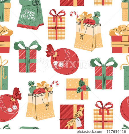 Seamless pattern with Christmas gift boxes. Vector holiday texture in flat style. Suitable for wallpaper, wrapping paper, fabric, etc. Seamless pattern with Christmas gift boxes. Vector holiday texture in flat style. Suitable for wallpaper, wrapping paper, fabric, etc. 117654416