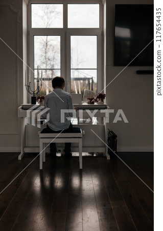 Rear view of teenager boy playing digital piano at home Rear view of teenager boy playing digital piano at home 117654435