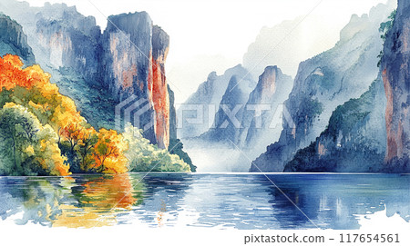 Watercolor Illustration of Sumidero Canyon in Chiapas 117654561
