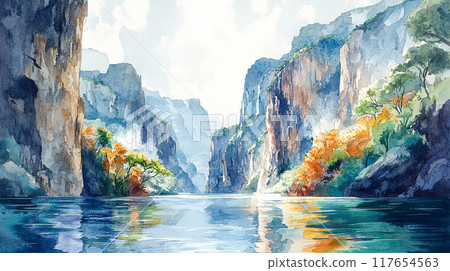 Watercolor Illustration of Sumidero Canyon in Chiapas Watercolor Illustration of Sumidero Canyon in Chiapas 117654563