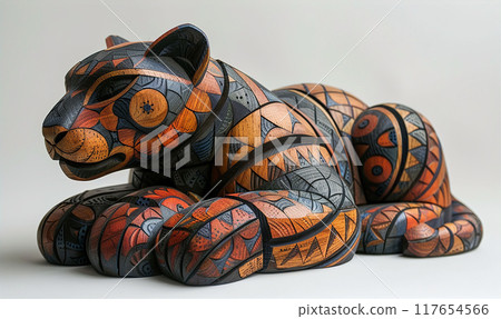 Intricate Wooden Jaguar Alebrije Sculpture with Traditional Mexican Patterns Intricate Wooden Jaguar Alebrije Sculpture with Traditional Mexican Patterns 117654566