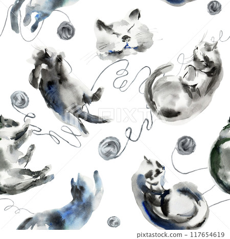 Pattern of cat sketch with woolen threads. Animal print stains, beautiful shapes, pastel color palette. Watercolor illustration of sleeping, lying, playing pet with the ball of wool. Used in wallpaper Pattern of cat sketch with woolen threads. Animal print stains, beautiful shapes, pastel color palette. Watercolor illustration of sleeping, lying, playing pet with the ball of wool. Used in wallpaper 117654619