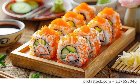A delicious array of California rolls filled with crab meat, avocado, and cucumber, topped with bright orange tobiko (fish roe), displayed on a rustic bamboo tray A delicious array of California rolls filled with crab meat, avocado, and cucumber, topped with bright orange tobiko (fish roe), displayed on a rustic bamboo tray 117655046