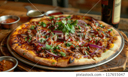 Gourmet pizza with barbecue sauce made from stewed pork, bell and hot peppers, red onions, cheese and herbs Gourmet pizza with barbecue sauce made from stewed pork, bell and hot peppers, red onions, cheese and herbs 117655047