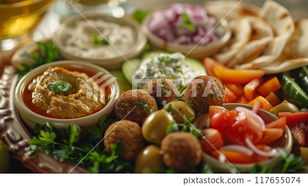 Close-up image of a falafel street platter with assorted dips (hummus, tzatziki, baba ganoush), pita bread, olives, and fresh vegetables, elegantly arranged on a Mediterranean-inspired platter 117655074