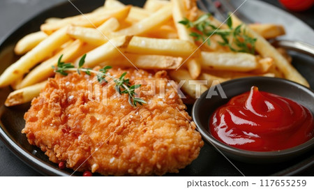 Fried chicken meal. Generative AI Fried chicken meal. Generative AI 117655259