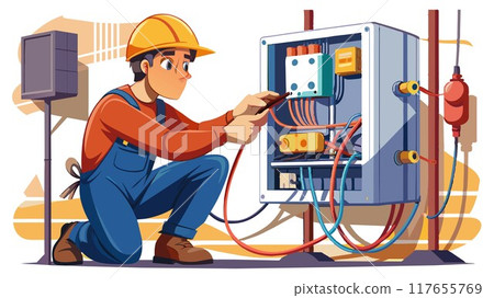 Safety first! A qualified electrician meticulously repairs an electrical switchboard, maintaining the integrity of your home's electrical system. 117655769