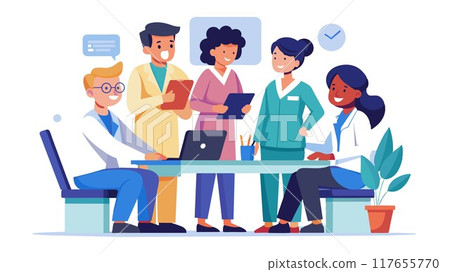 Collaboration goes beyond the exam room! This image depicts a team of doctors, nurses, and specialists working together to provide comprehensive care for their patient. 117655770