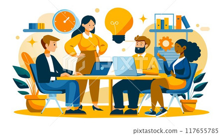 The ideation station is buzzing! A tech startup team collaborates,  fueled by teamwork and innovative thinking,  to turn ideas into reality. 117655785