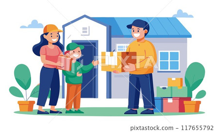 Seamless journey complete! A delivery person hands off a package to a happy customer, showcasing the efficient delivery process from start to finish. Seamless journey complete! A delivery person hands off a package to a happy customer, showcasing the efficient delivery process from start to finish. 117655792