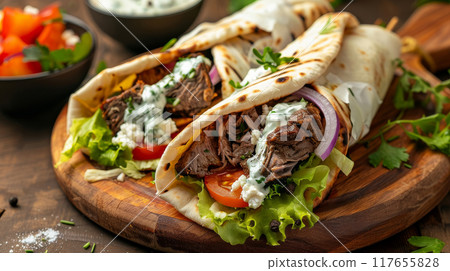 Close-up image of Mediterranean lamb gyros with tzatziki sauce, lettuce, tomato, red onion, and crumbled feta cheese wrapped in warm pita bread, elegantly presented on a wooden board 117655828