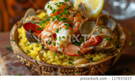 Delight in the luxurious flavors of creamy saffron-infused risotto, generously filled with mixed seafood including lobster, clams, and calamari Delight in the luxurious flavors of creamy saffron-infused risotto, generously filled with mixed seafood including lobster, clams, and calamari 117655837