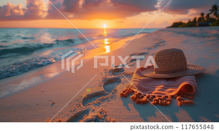 breathtaking sunset scene where a women's hat and a towel rest on the golden sands of a Maldivian beach 117655848