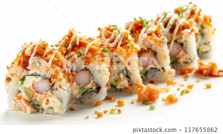 Experience a modern interpretation of sushi with Fusion rolls combining Japanese tradition and Western flair 117655862