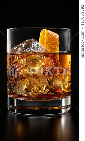 Old Fashioned cocktail, featuring a robust blend of bourbon or rye whiskey, simple syrup, Angostura bitters, and a twist of orange zest 117655892