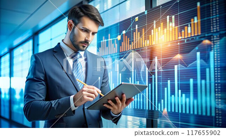 A vision for the future! A businessman analyzes company financial data with the aid of digital graphics, crafting a long-term investment strategy for sustainable growth. 117655902