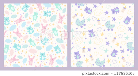 Baby seamless pattern for decoration, nursery, blankets, gifts, baby shower greetings. Cute teddy bears, cats and bunnies, stars and crescent Baby seamless pattern for decoration, nursery, blankets, gifts, baby shower greetings. Cute teddy bears, cats and bunnies, stars and crescent 117656103