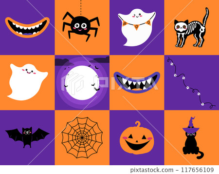 Halloween icon set. Monster mouth, spider, ghost, black cat, full moon, pumpkin. Vector illustration Halloween icon set. Monster mouth, spider, ghost, black cat, full moon, pumpkin. Vector illustration 117656109
