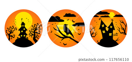 Witch or haunted houses silhouettes on the hill in a round shaped background. House, full moon, crow, bats and pumpkins. Halloween vector illustration Witch or haunted houses silhouettes on the hill in a round shaped background. House, full moon, crow, bats and pumpkins. Halloween vector illustration 117656110