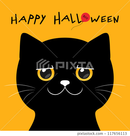 Halloween greeting card with cartoon black cat character. Vector illustration 117656113